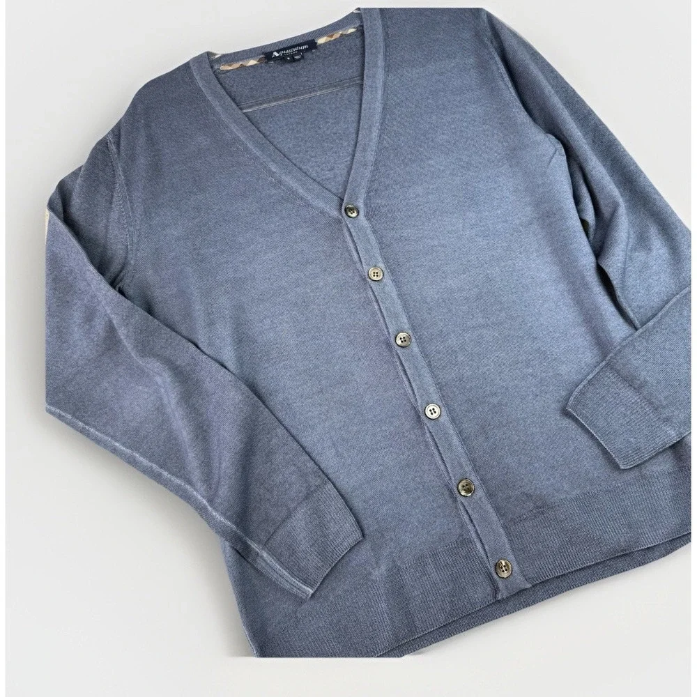 Aquascutum London Men's Small Blue 100%‎ Merino Wool Cardigan Made Italy $395